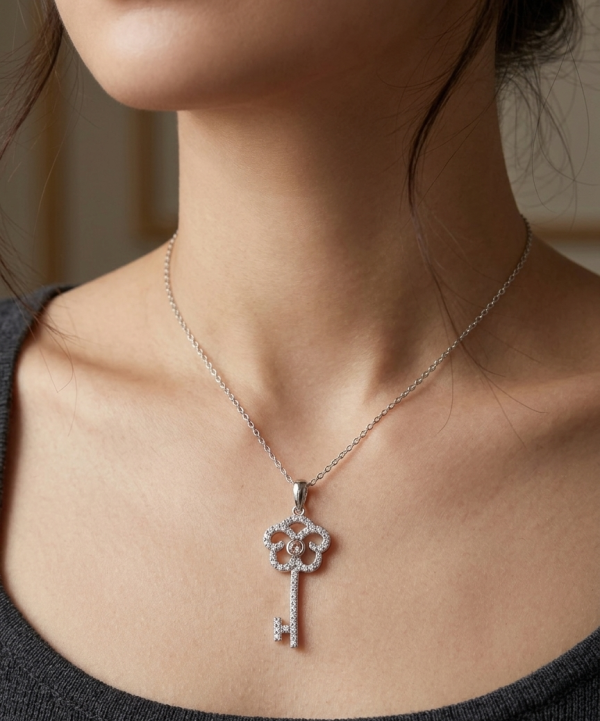 Sterling silver moissanite key necklace, view 2