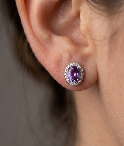 Sterling silver amethyst halo earrings, view 2