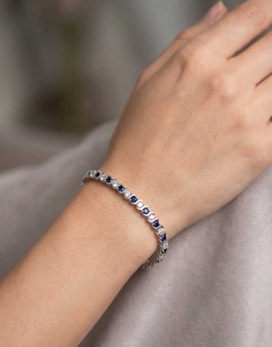 Sterling silver sapphire and cubic zirconia tennis bracelet, view 2