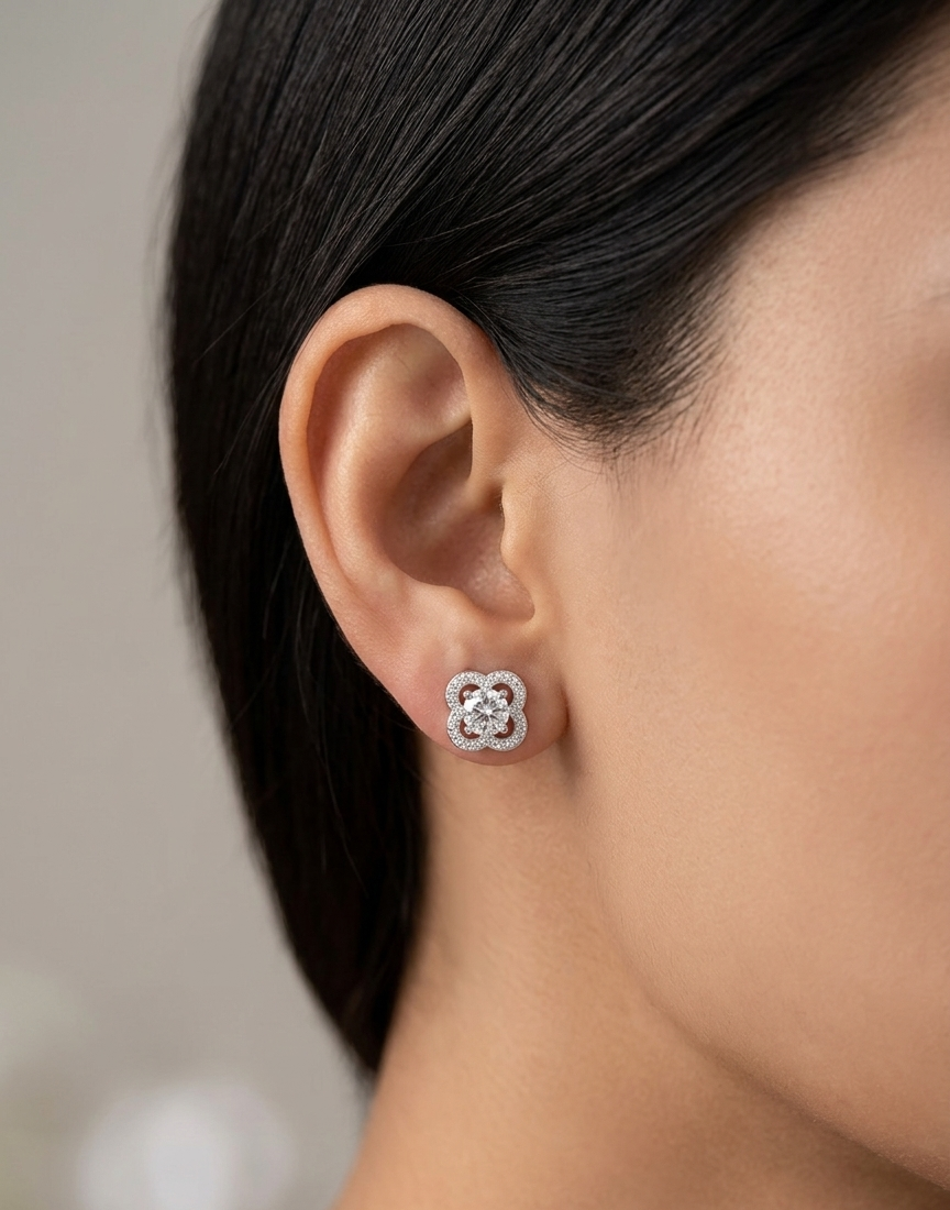 Sterling silver clover earrings, view 2