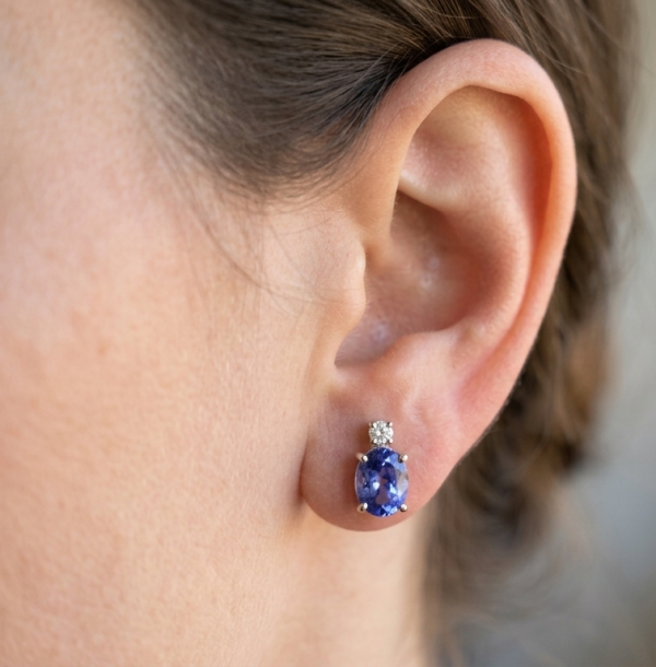 14K gold tanzanite stud earrings with diamond accents, view 3