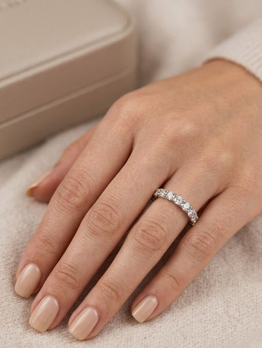 14K white gold shared prong diamond band, view 2
