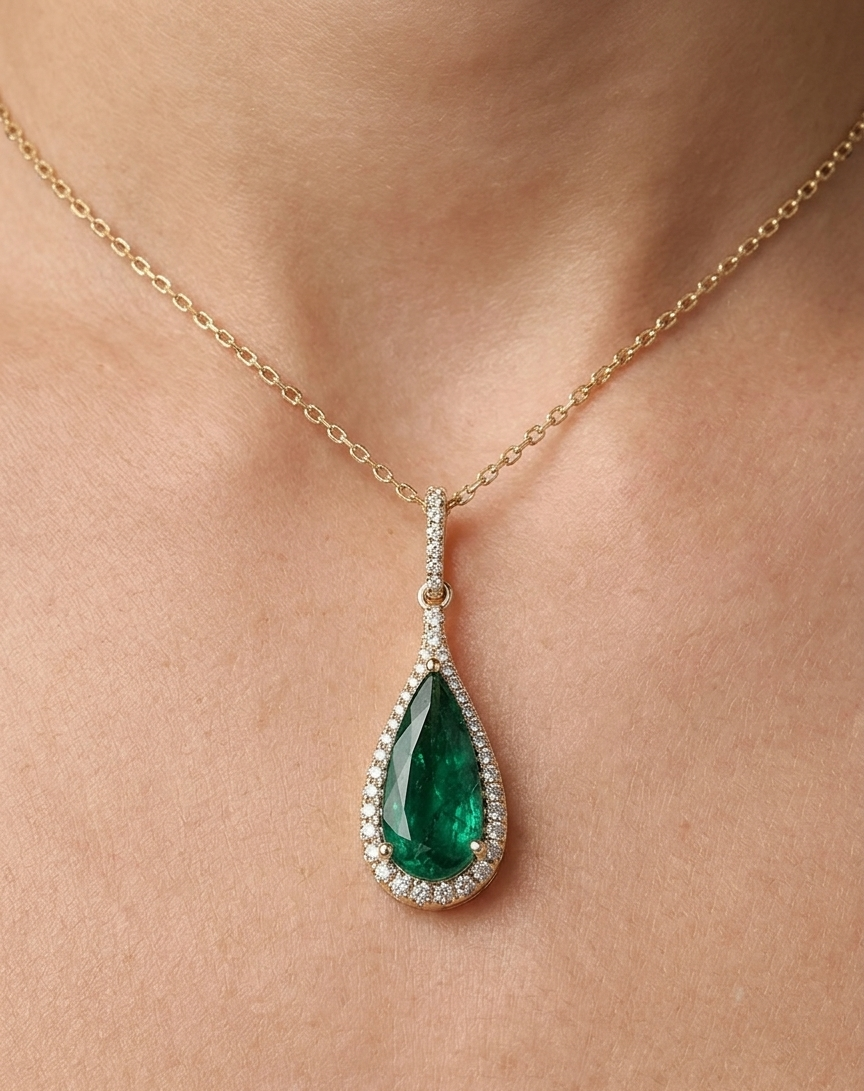 14K gold emerald drop necklace, view 2
