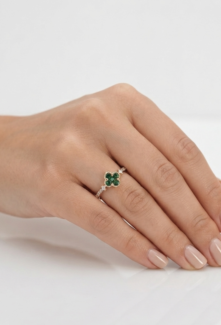 14K gold clover emerald and diamond ring, view 2
