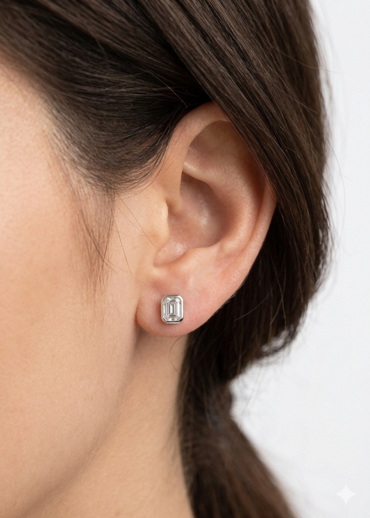 Sterling silver emerald stud earrings, view 2
