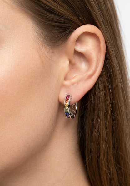 14K gold rainbow sapphire huggie earrings, view 2