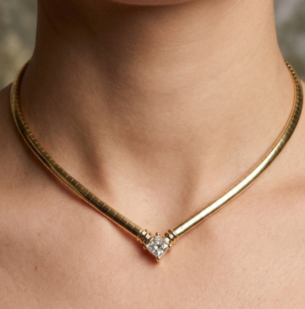 14K gold princess cut diamond necklace, view 2