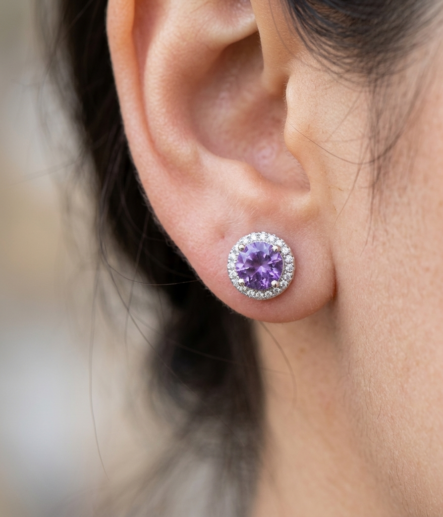 Sterling silver amethyst and topaz halo earrings, view 2