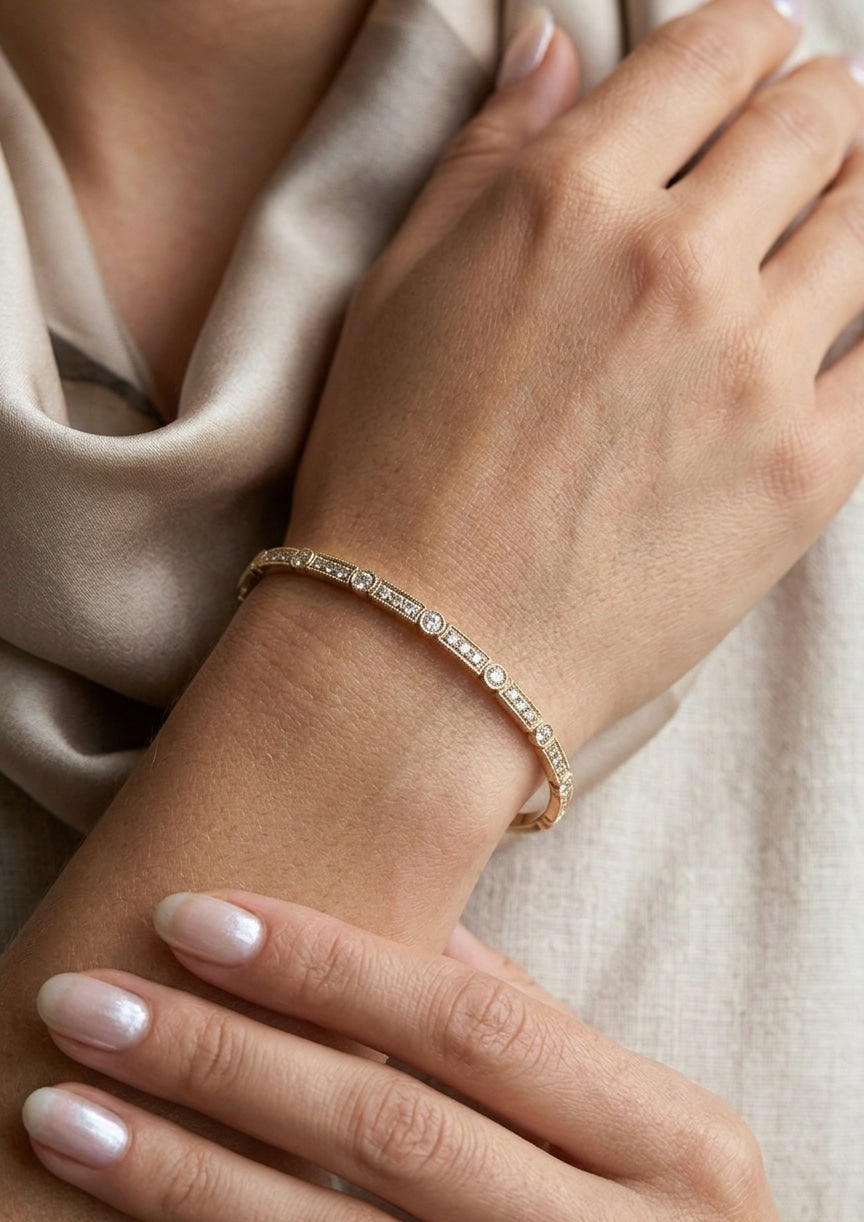 14K gold milgrain diamond flexible bangle, view 2