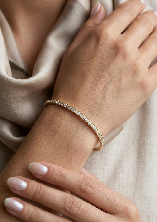 14K gold milgrain diamond flexible bangle, view 2