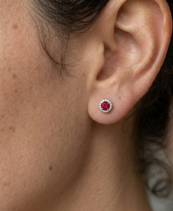 14K white gold ruby and diamond stud earrings, view 2