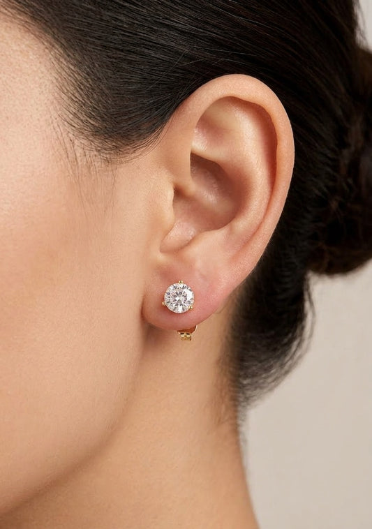 Gold plated sterling silver moissanite stud earrings, view 2