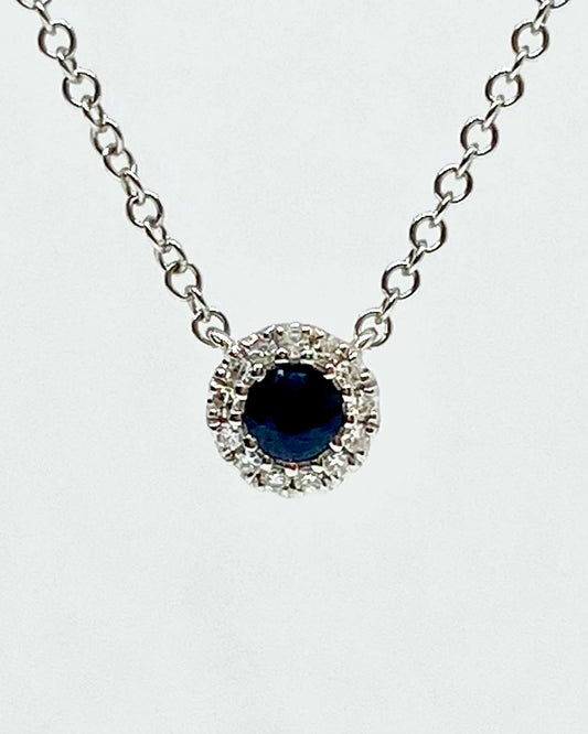 14K white gold sapphire and diamond halo pendant necklace