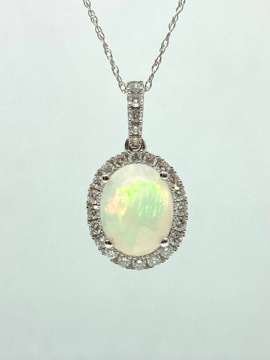 14K white gold jelly opal necklace with diamond halo