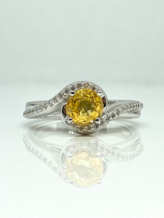 14K gold bypass ring with natural yellow sapphire and diamonds