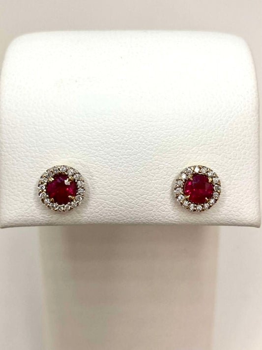 14K gold ruby and diamond halo earrings, style B
