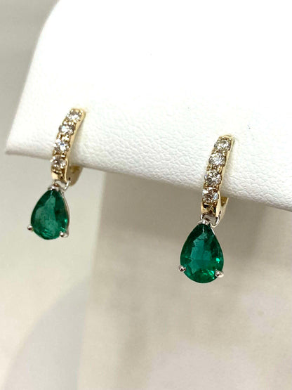 14K yellow gold pear shaped emerald and diamond earrings