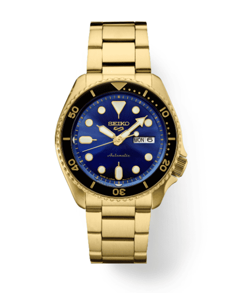 Seiko 5 Sports automatic watch with navy dial and gold tone case