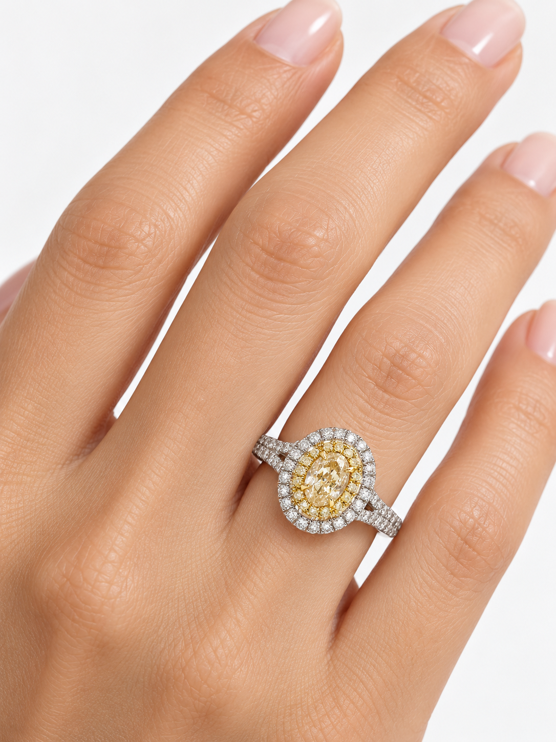 18k Two Tone .56ct Yellow Diamond Halo Convertible Ring