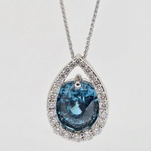 Custom 14k 6.79ct Blue Zircon and Diamond Necklace