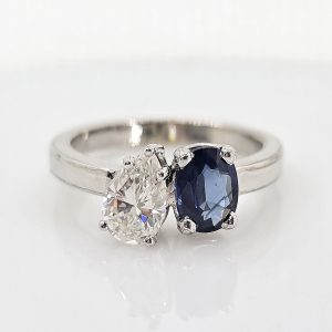 Custom 14k Diamond and Sapphire Two Stone Ring