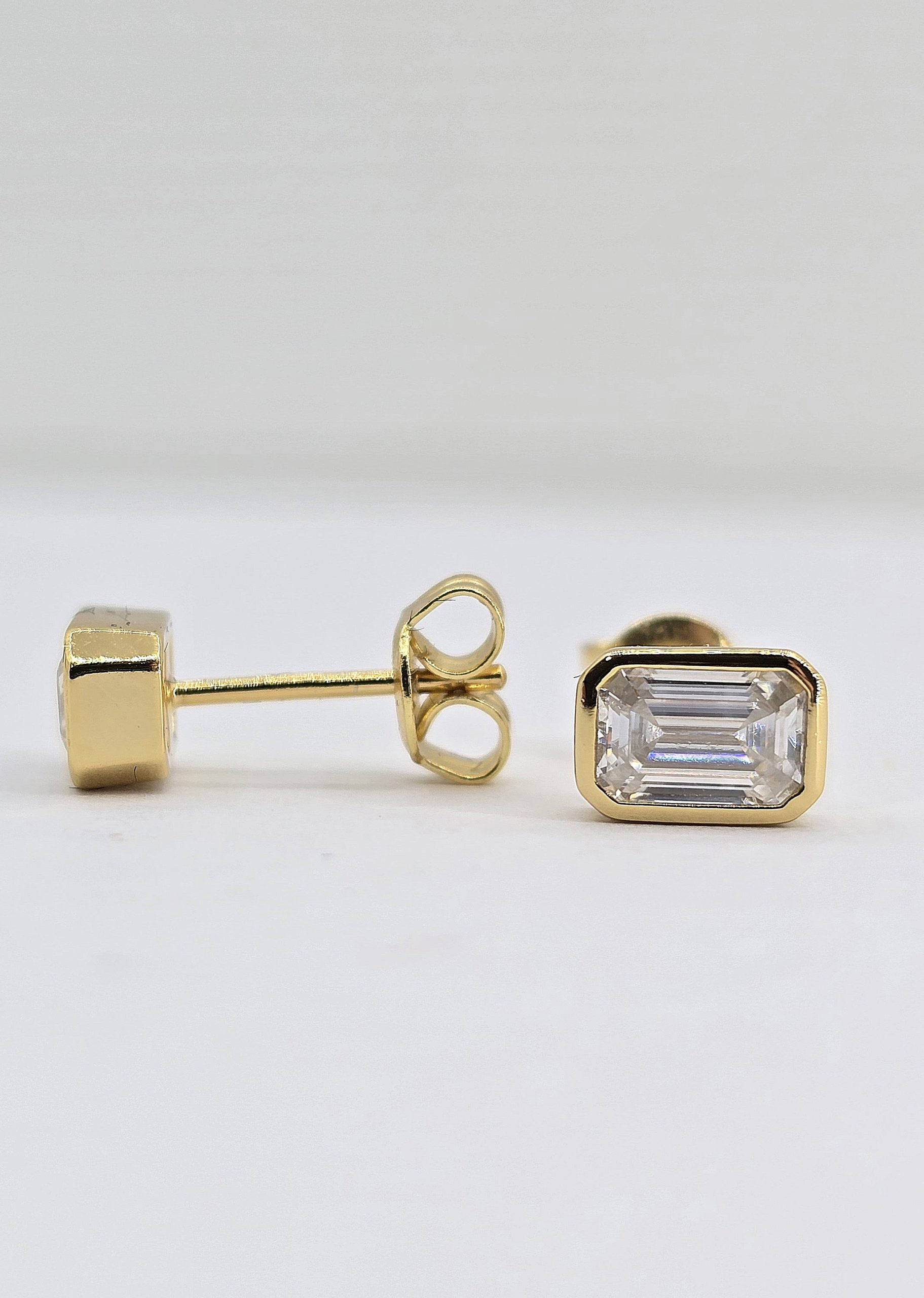 Gold Plated Sterling Silver Emerald Cut Moissanite Bezel Studs