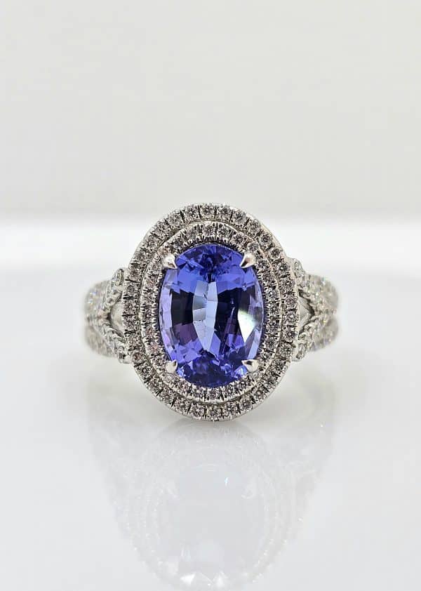 14k 2.17ct Tanzanite Double Diamond Halo Ring