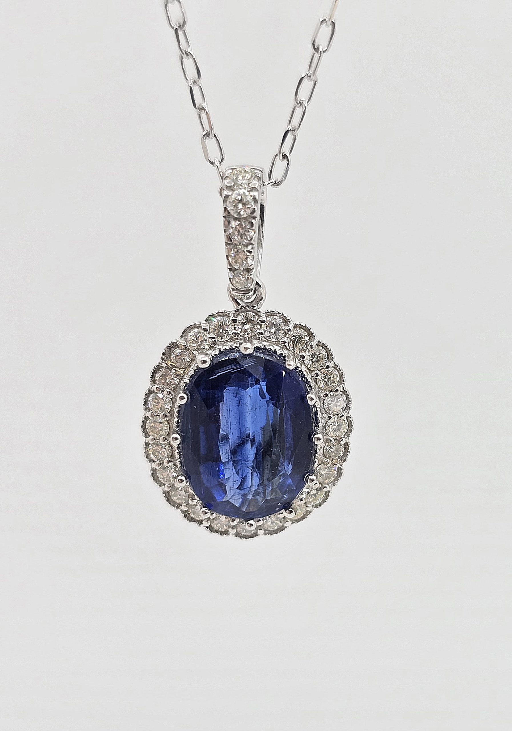 14k 2.27ct Kyanite and Scalloped Diamond Halo Necklace