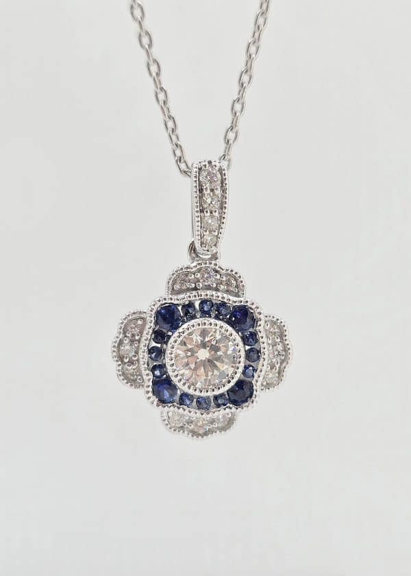 14k Fancy Milgrain Sapphire and Diamond Necklace