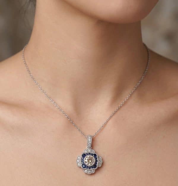 14k Fancy Milgrain Sapphire and Diamond Necklace - Image 2